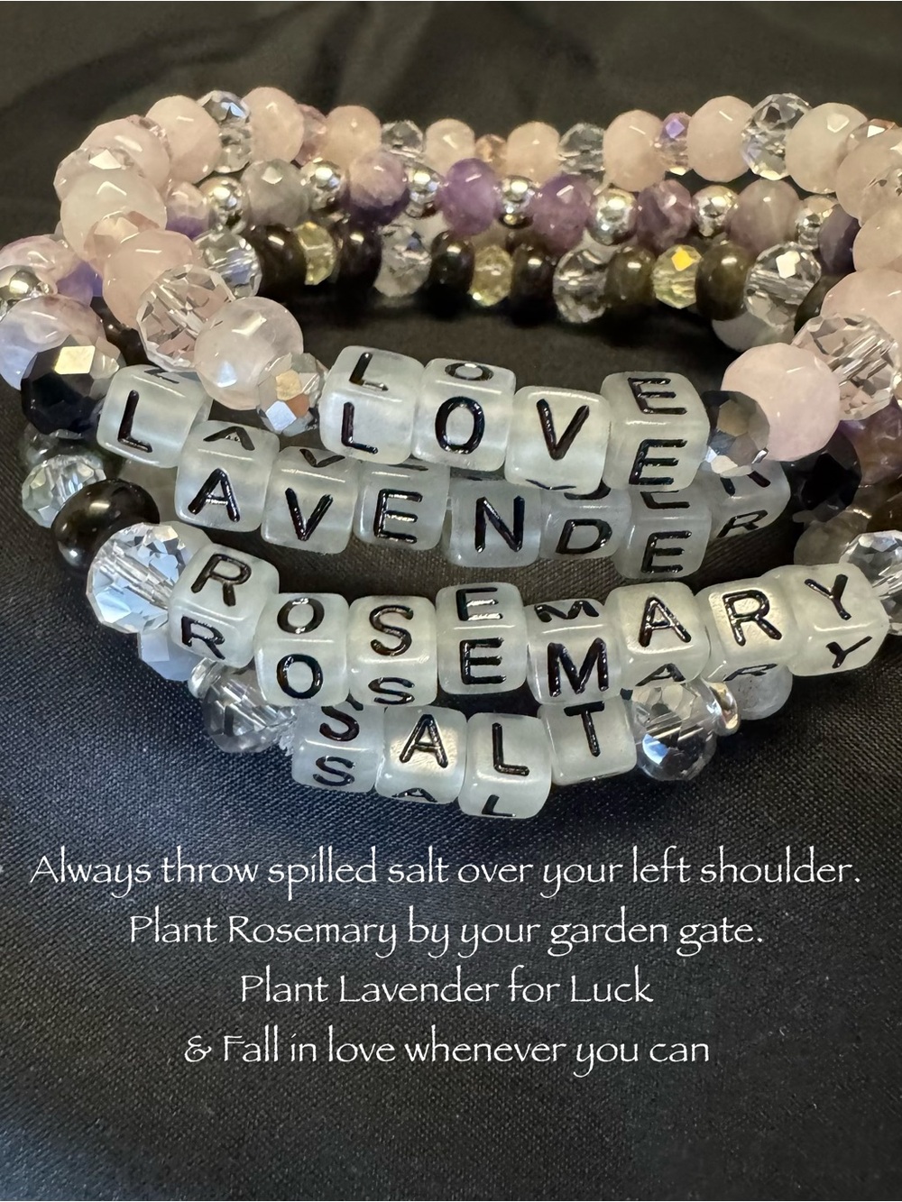 Practical magic inspired bracelet set. Selenite, obsidian, amethyst, rose quart.